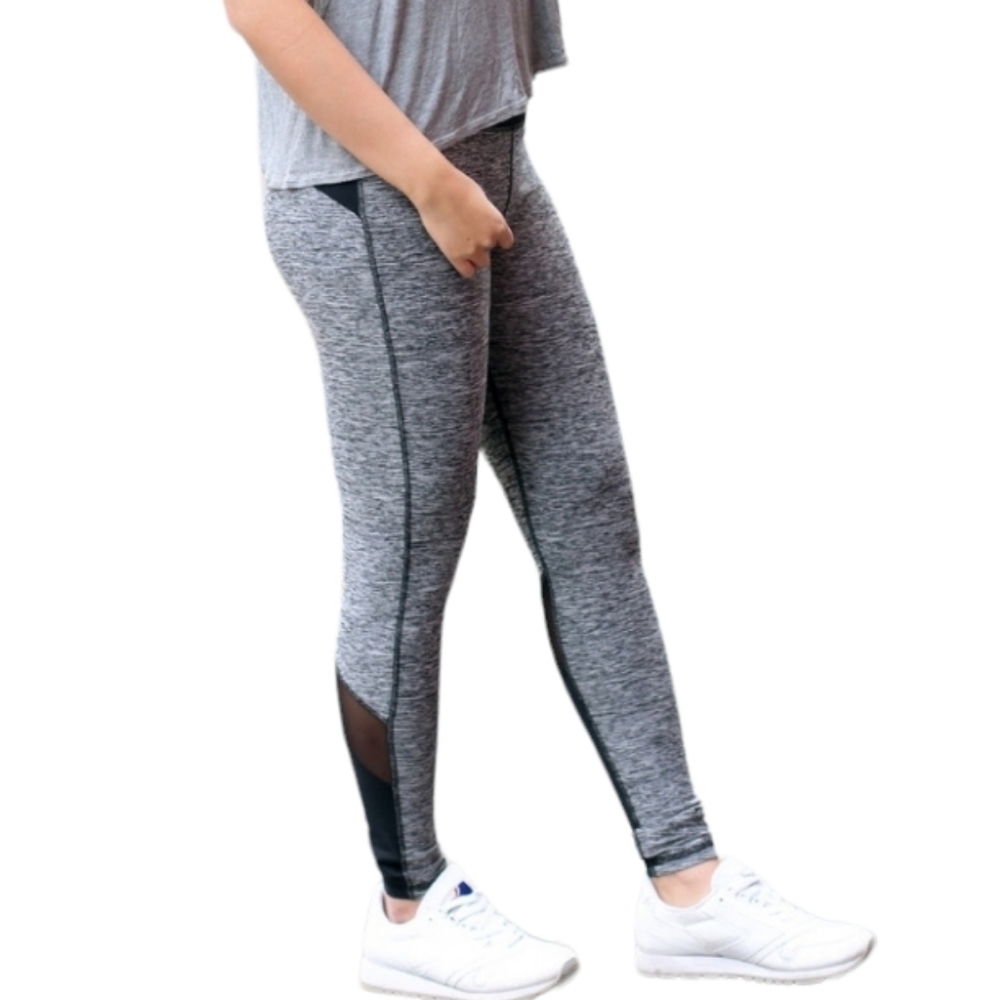 Albion Fit Heather Gray Leggings Full Length Black Mesh Detail Medium